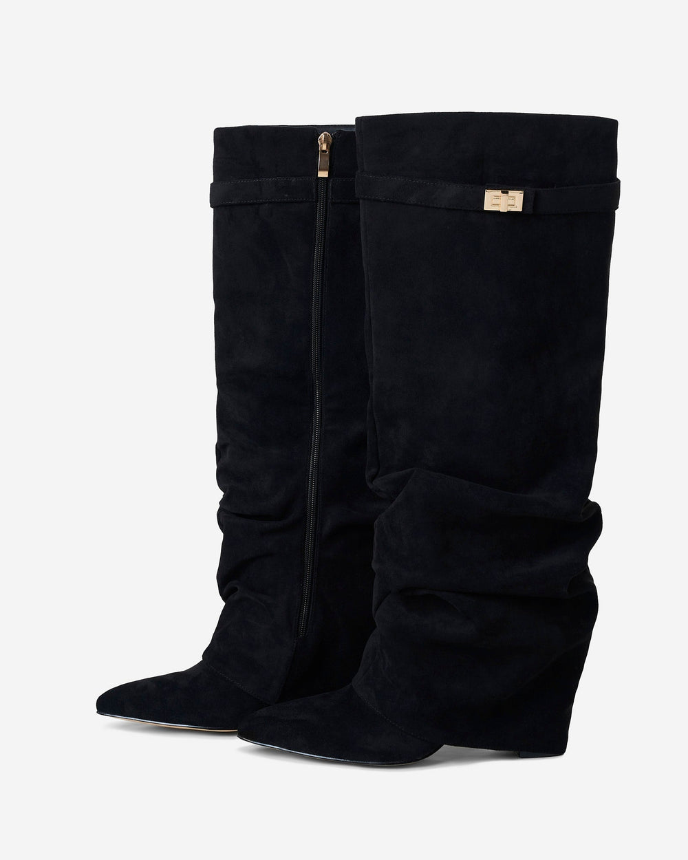 Women's black knee-high slouch boots with pointed toes