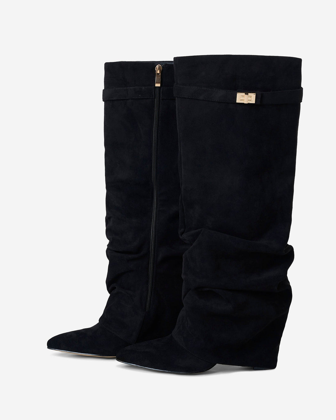 Women's black knee-high slouch boots with pointed toes