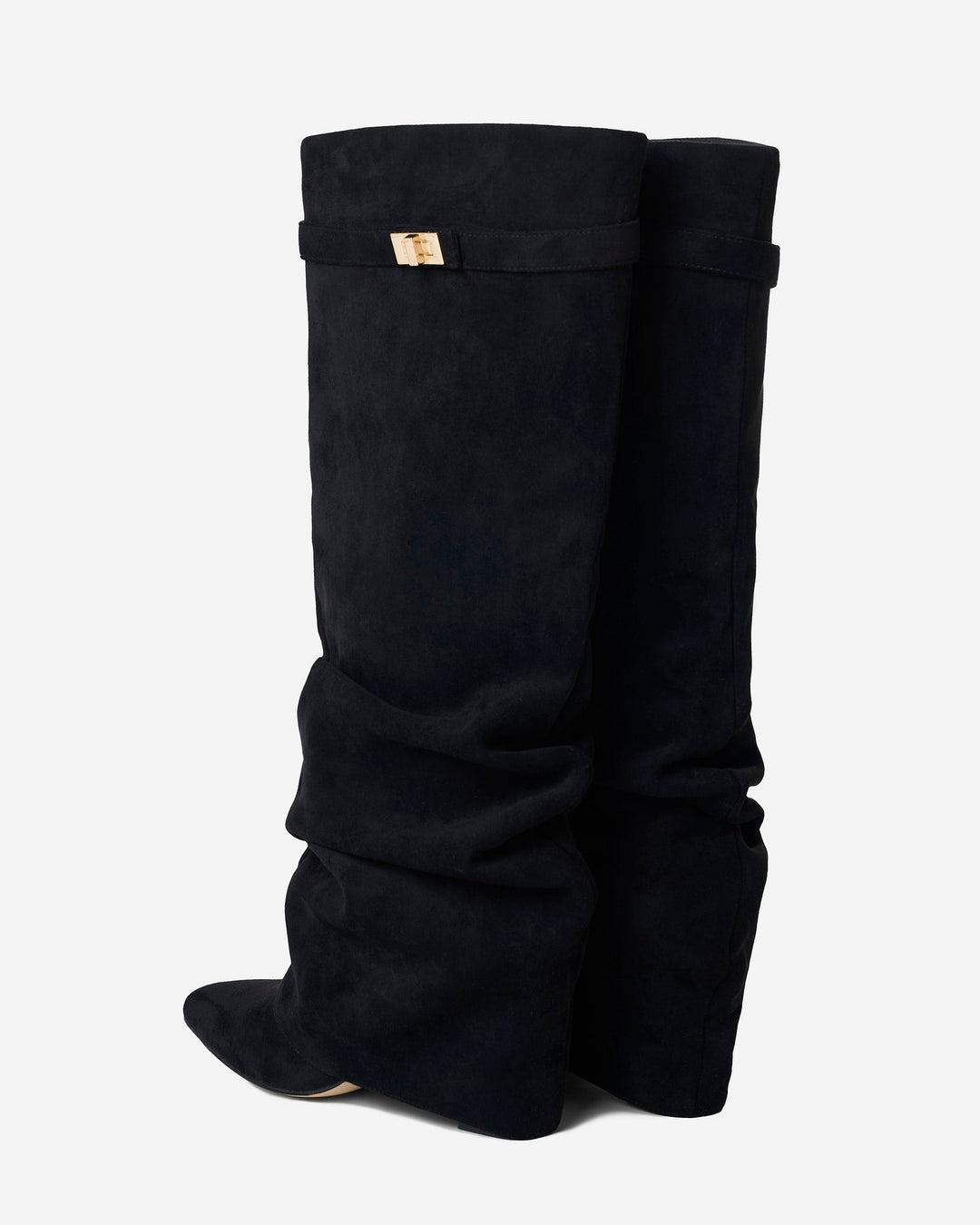 Women's black knee-high slouch boots with pointed toes