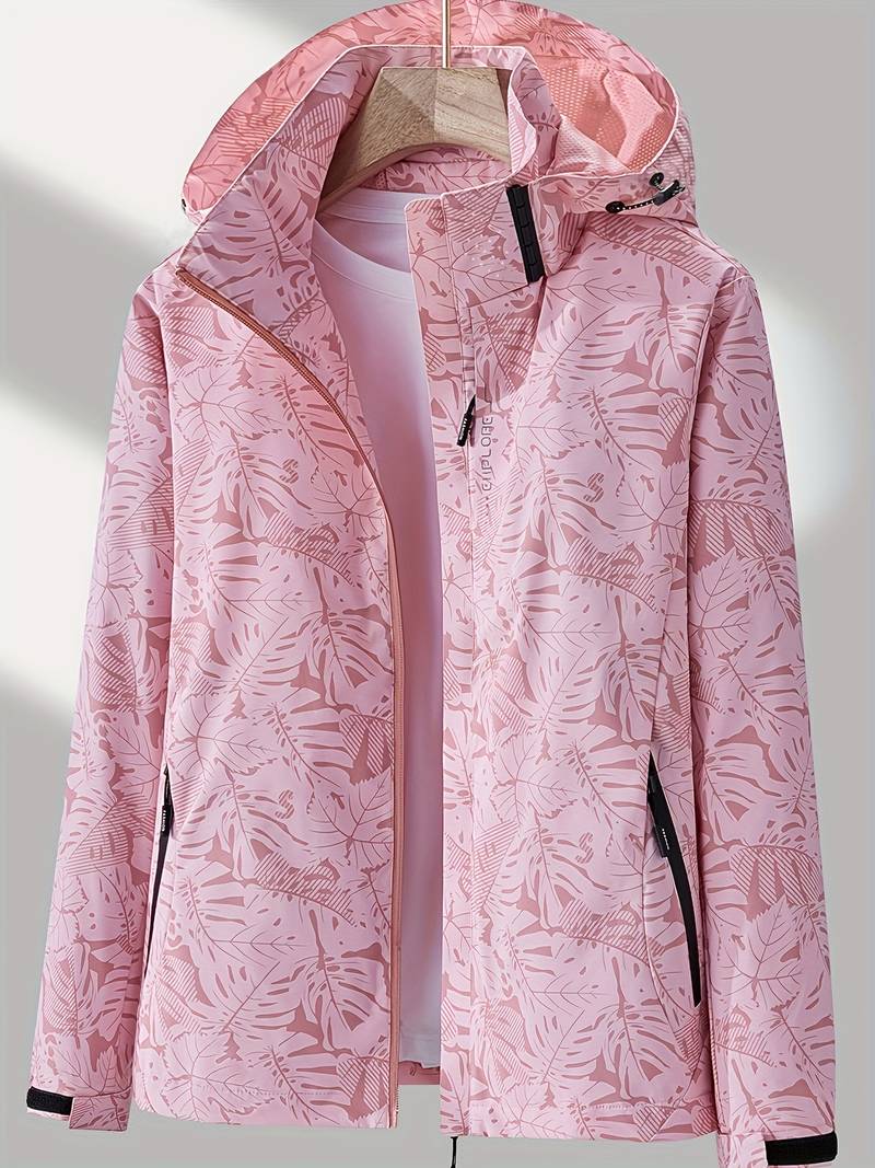 Women's hooded leaf print rain jacket with long sleeves and zipped pockets