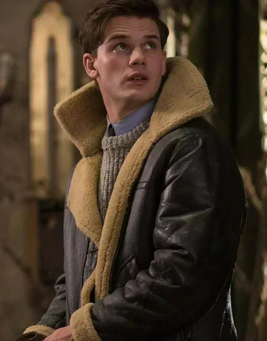 Men's dark brown aviator jacket with a wide beige plush collar and zip front