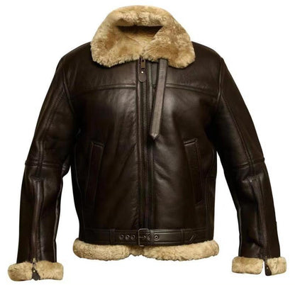 Men's dark brown aviator jacket with a wide beige plush collar and zip front