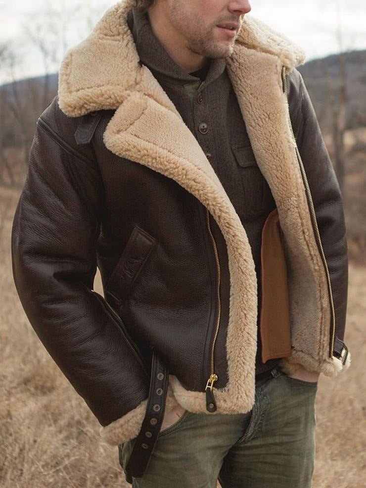 Men's dark brown aviator jacket with a wide beige plush collar and zip front