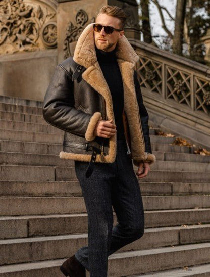Men's dark brown aviator jacket with a wide beige plush collar and zip front