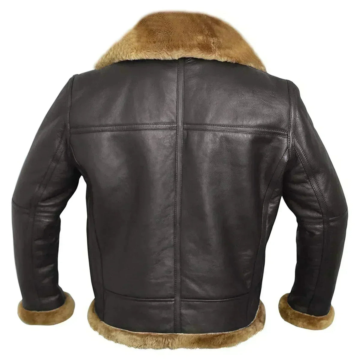Men's dark brown aviator jacket with a wide beige plush collar and zip front