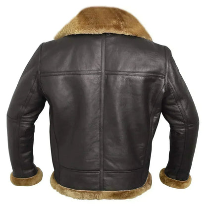 Men's dark brown aviator jacket with a wide beige plush collar and zip front