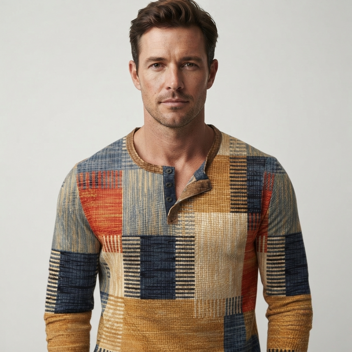 Men's geometric waffle henley sweater with long sleeves