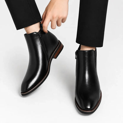 Men's Chelsea ankle boots with side zipper, almond toe and low heel
