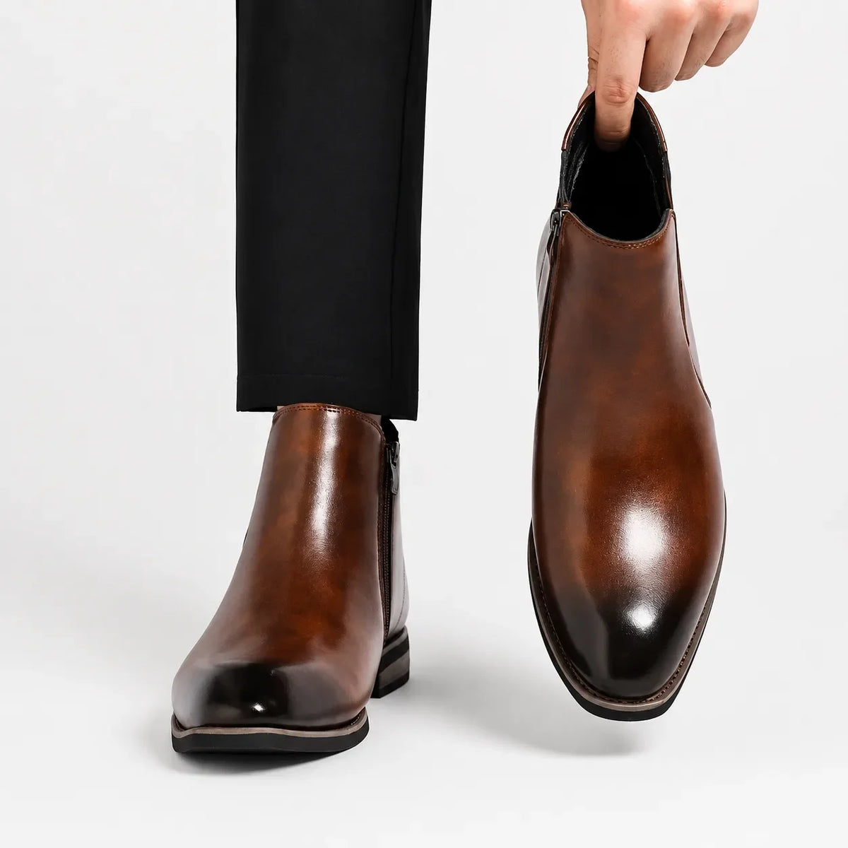 Men's Chelsea ankle boots with side zipper, almond toe and low heel
