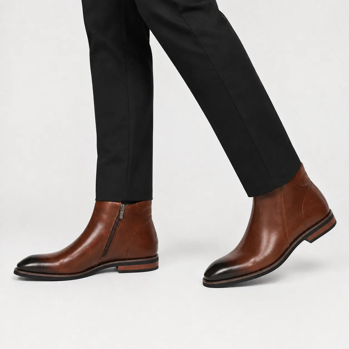 Men's Chelsea ankle boots with side zipper, almond toe and low heel