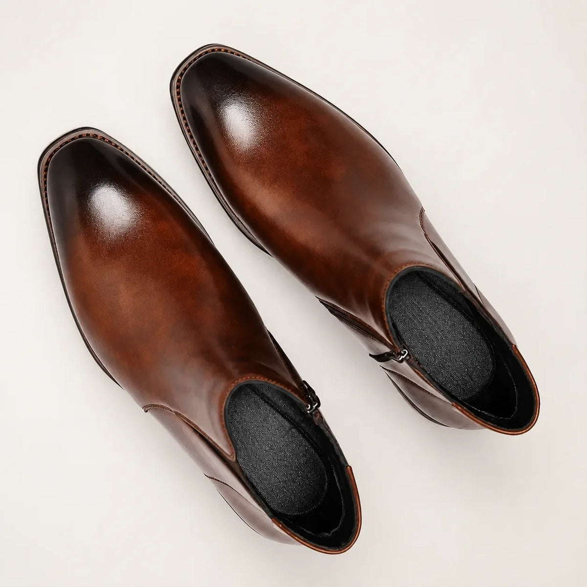 Men's Chelsea ankle boots with side zipper, almond toe and low heel