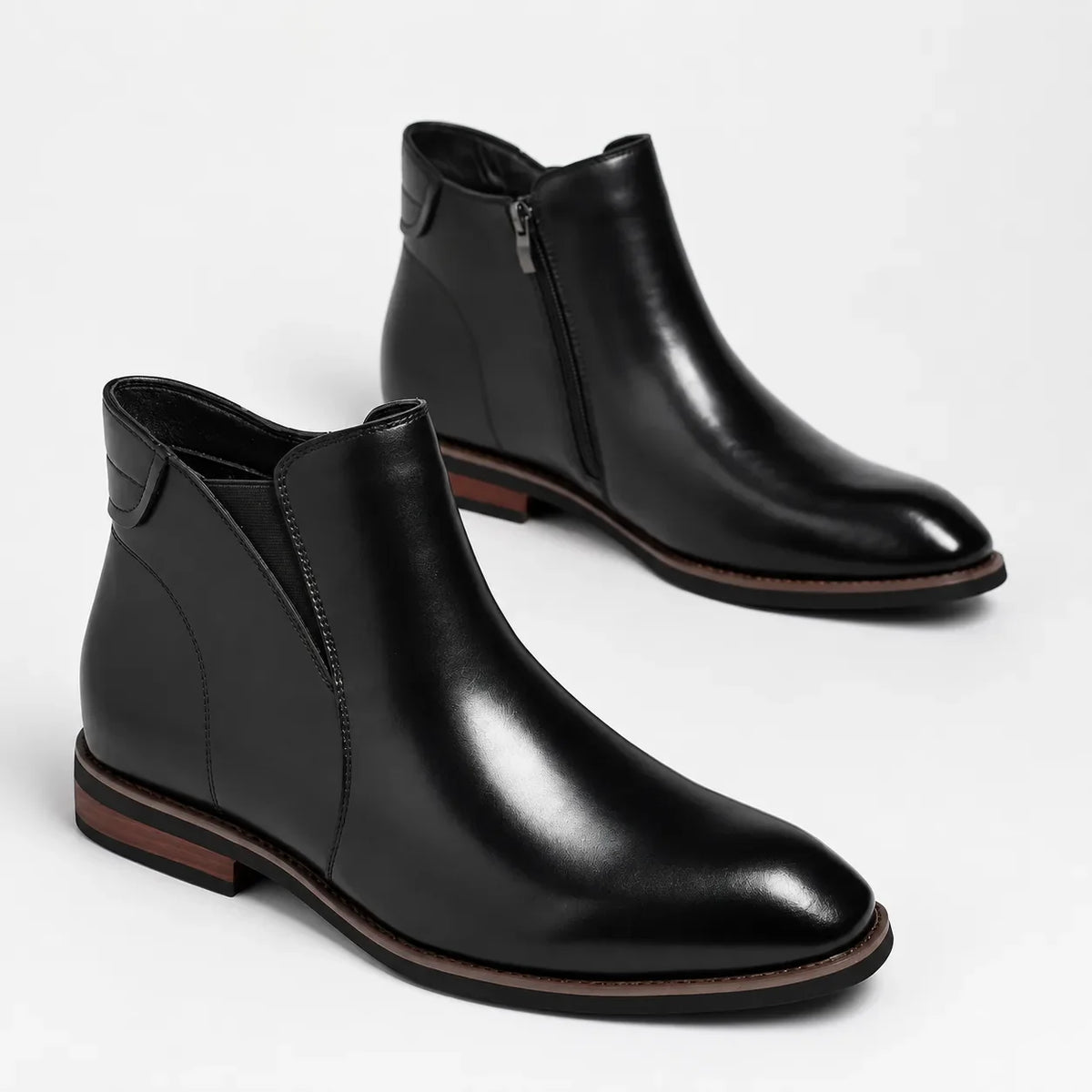 Men's Chelsea ankle boots with side zipper, almond toe and low heel
