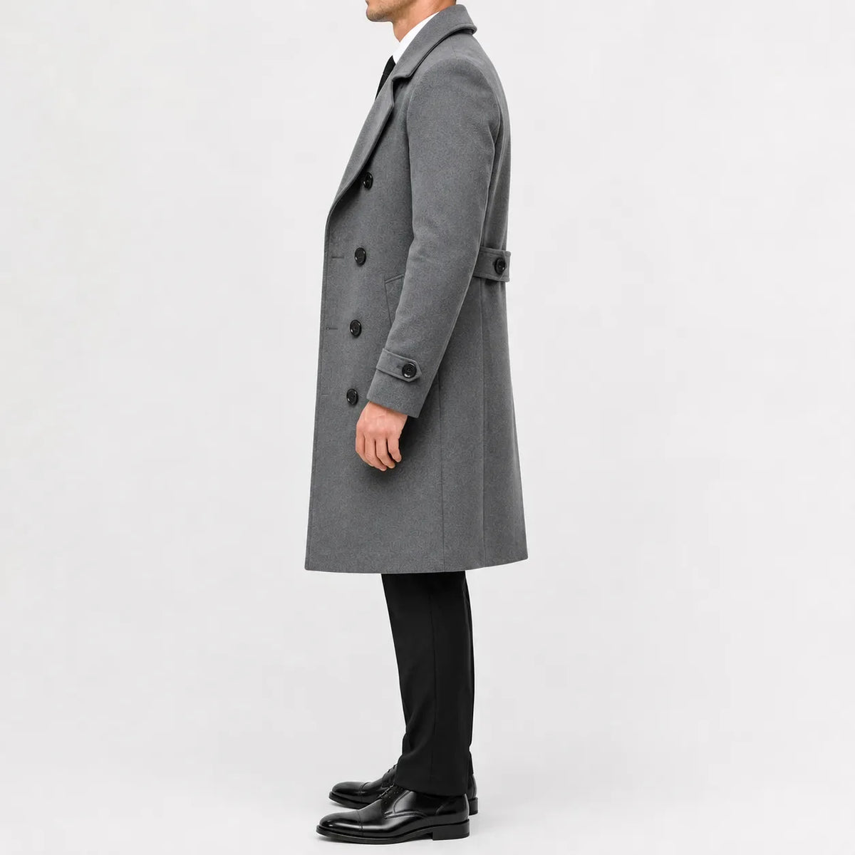 Men's long double-breasted trench coat with notched lapels and buttoned cuffs
