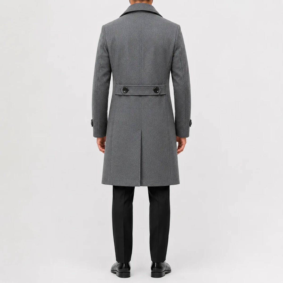 Men's long double-breasted trench coat with notched lapels and buttoned cuffs