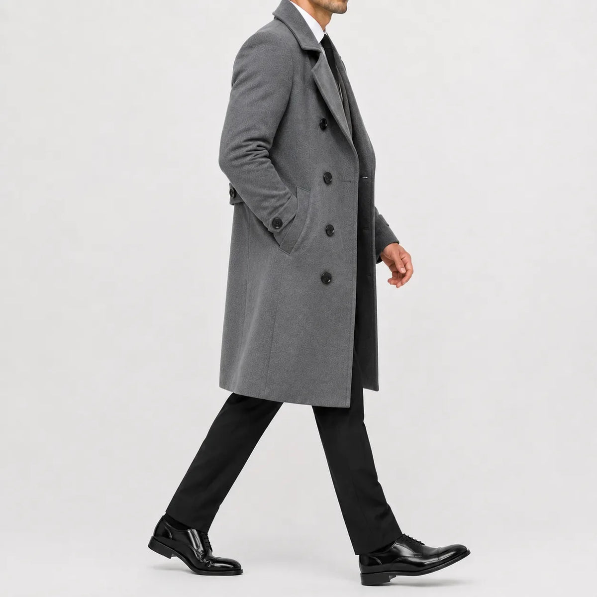 Men's long double-breasted trench coat with notched lapels and buttoned cuffs