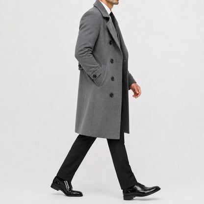 Men's long double-breasted trench coat with notched lapels and buttoned cuffs
