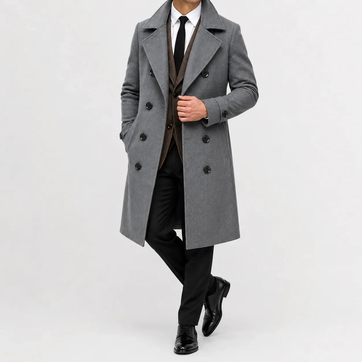 Men's long double-breasted trench coat with notched lapels and buttoned cuffs