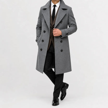 Men's long double-breasted trench coat with notched lapels and buttoned cuffs