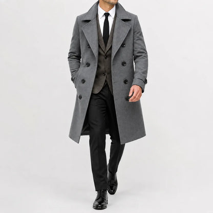 Men's long double-breasted trench coat with notched lapels and buttoned cuffs