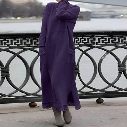 Women's long sleeve high neck maxi dress with side pockets and ankle-length hem