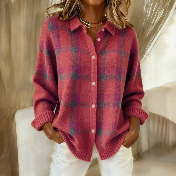 Women's checked collared button-front sweater with long sleeves