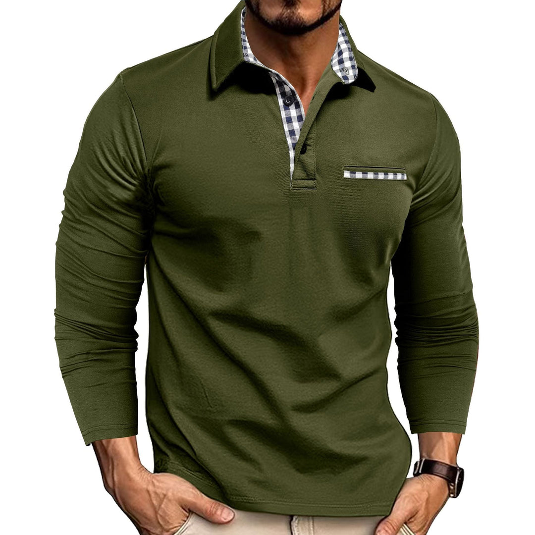 Men's long-sleeve polo shirt with checked collar and chest pocket