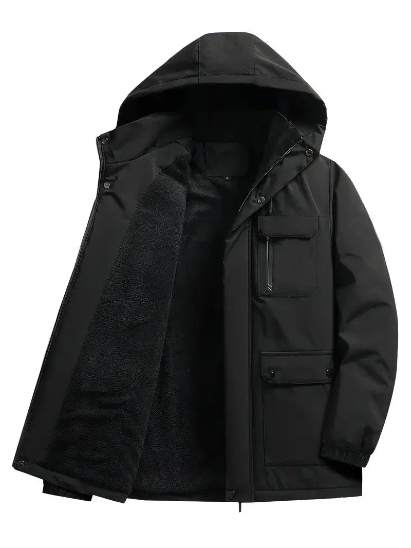 Men's hooded parka jacket with zip front, utility pockets and fleece-textured lining