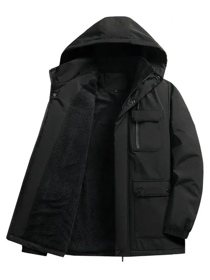 Men's hooded parka jacket with zip front, utility pockets and fleece-textured lining