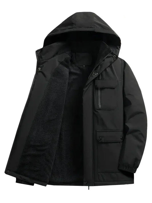Men's hooded parka jacket with zip front, utility pockets and fleece-textured lining