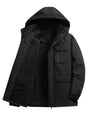 Men's hooded parka jacket with zip front, utility pockets and fleece-textured lining