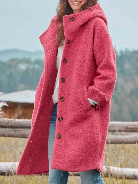 Women's hooded long coat with button front and side pockets