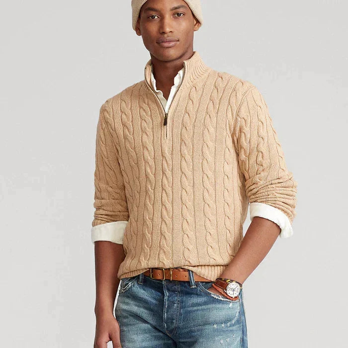Men's cable knit quarter-zip sweater with mock neck and long sleeves