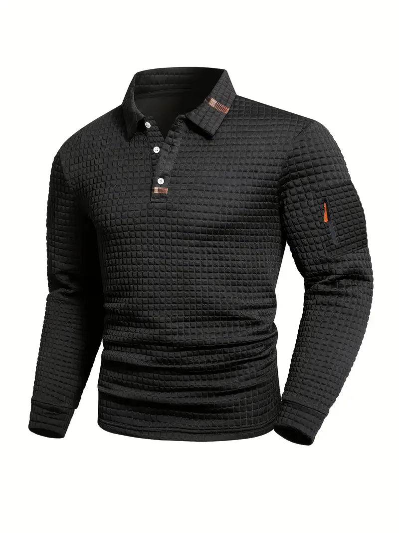 Men's textured quilted pullover sweater with polo collar and sleeve zip pocket