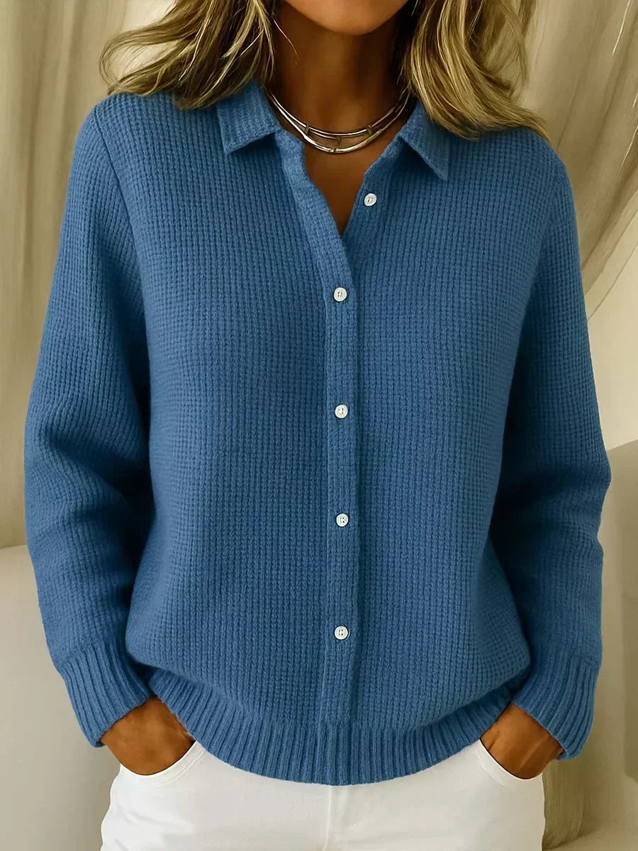Women's textured waffle-knit cardigan with collar, buttons and long sleeves