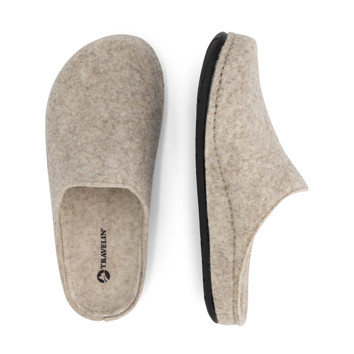 Beige open-back slip-on house slippers with rounded toes and black flat soles