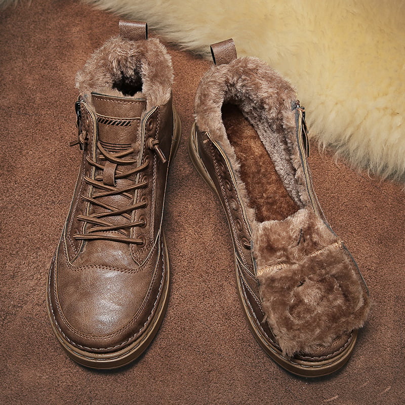 Men's lace-up ankle boots with plush-looking lining, side zipper and flat sole