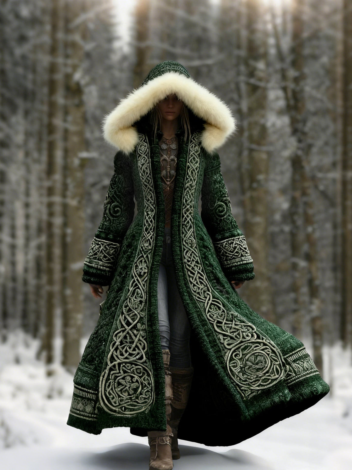 Women's long hooded coat with embroidered panels and fur-like hood trim