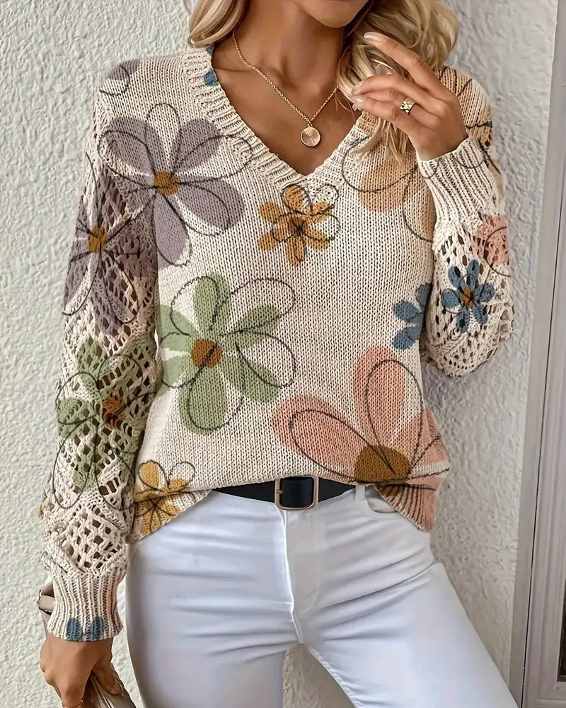 Women's floral open-knit V-neck sweater with long sleeves