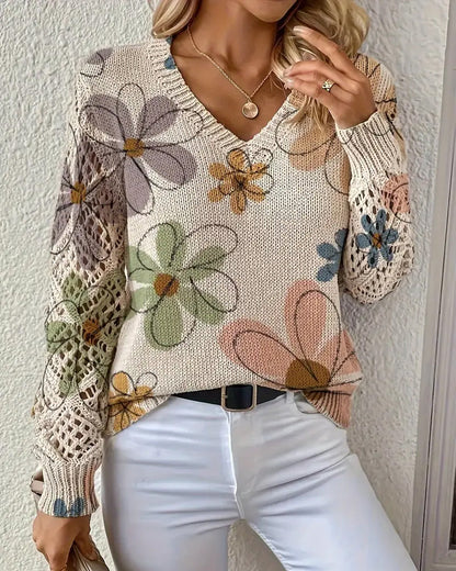 Women's floral open-knit V-neck sweater with long sleeves