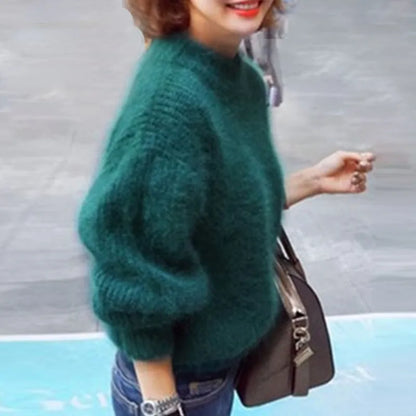 Women's mock neck sweater with long balloon sleeves and ribbed trims