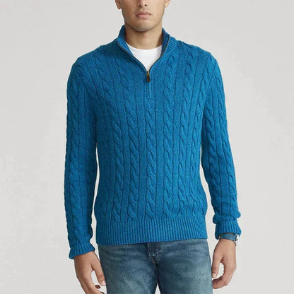 Men's cable knit quarter-zip sweater with mock neck and long sleeves