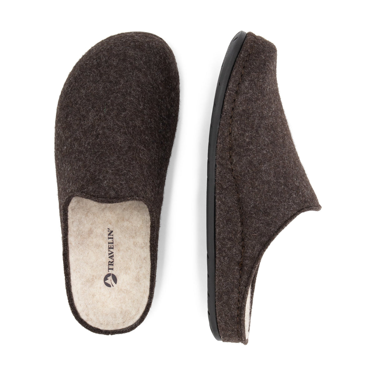 Pair of brown closed-toe house slippers with light footbeds and black flat soles