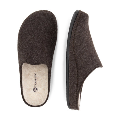 Pair of brown closed-toe house slippers with light footbeds and black flat soles