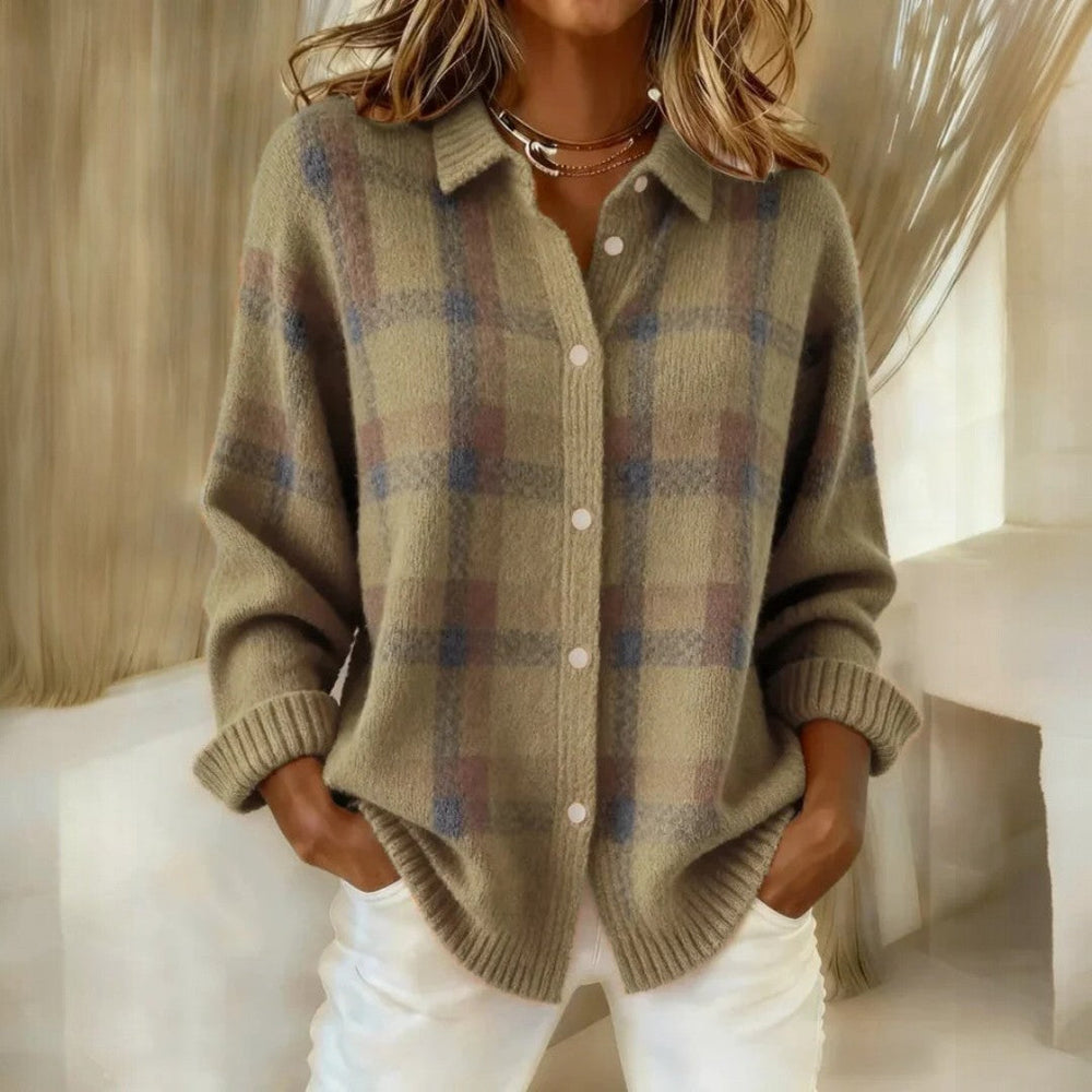 Women's checked collared button-front sweater with long sleeves