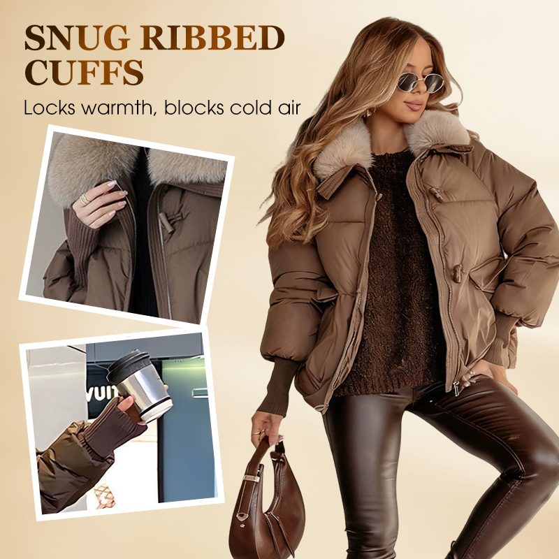 Women's short hooded puffer jacket with plush collar and pockets