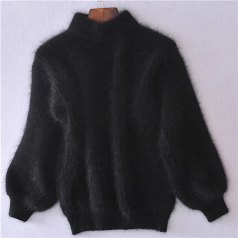 Women's mock neck sweater with long balloon sleeves and ribbed trims