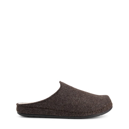 Pair of brown closed-toe house slippers with light footbeds and black flat soles