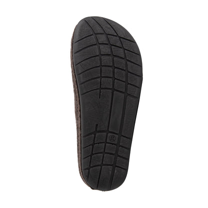 Pair of brown closed-toe house slippers with light footbeds and black flat soles