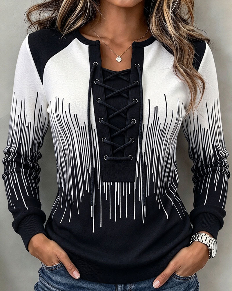 Women's black and white geometric lace-up fitted sweatshirt