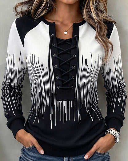 Women's black and white geometric lace-up fitted sweatshirt